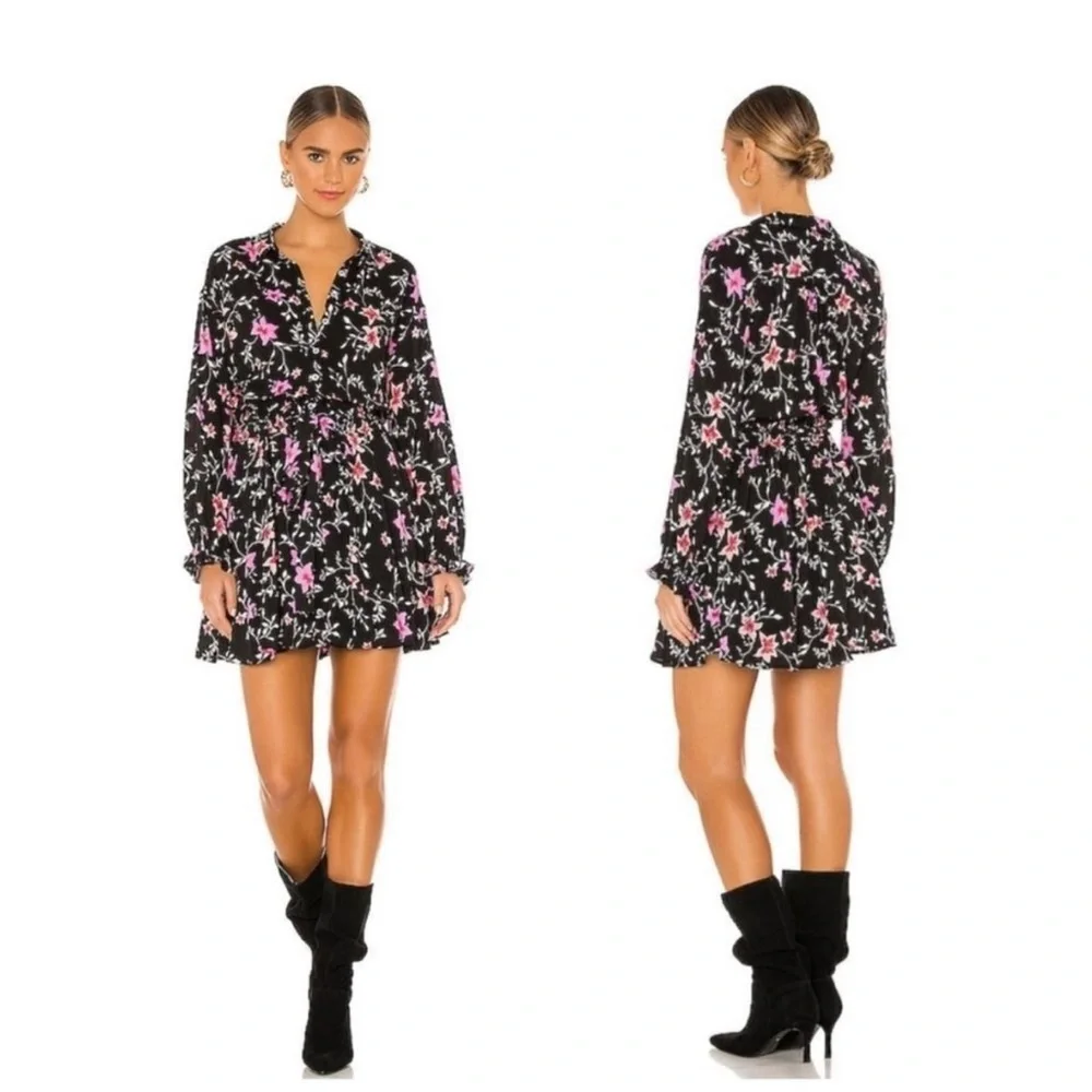 Free People Lighten-Up Mini Dress Black Floral Print Long Sleeve XS